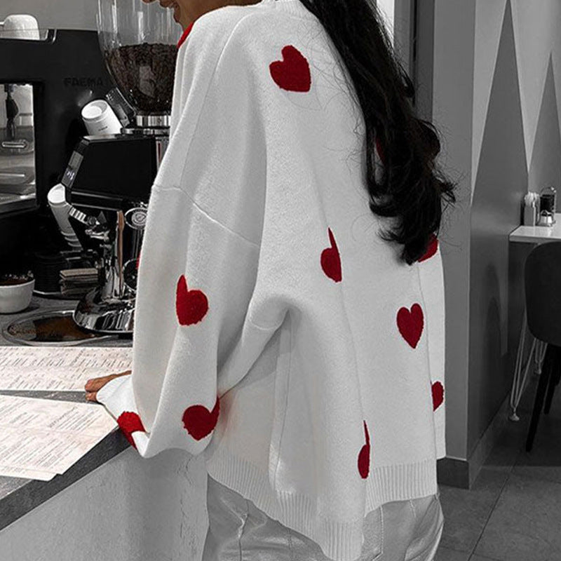 Damen Oversize-Feinstrickpullover mit Allover-Herzintarsien und überschnittenen Schultern Drune