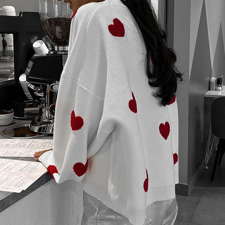 Damen Oversize-Feinstrickpullover mit Allover-Herzintarsien und überschnittenen Schultern Drune
