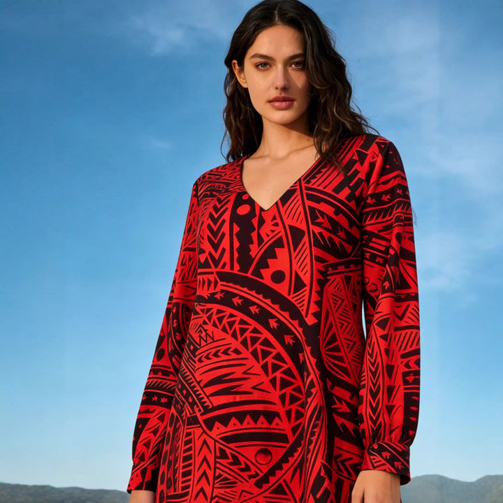 Damen Fließendes Maxikleid mit V-Ausschnitt, allover-geometrischem Print und weiter A-Linie Drune