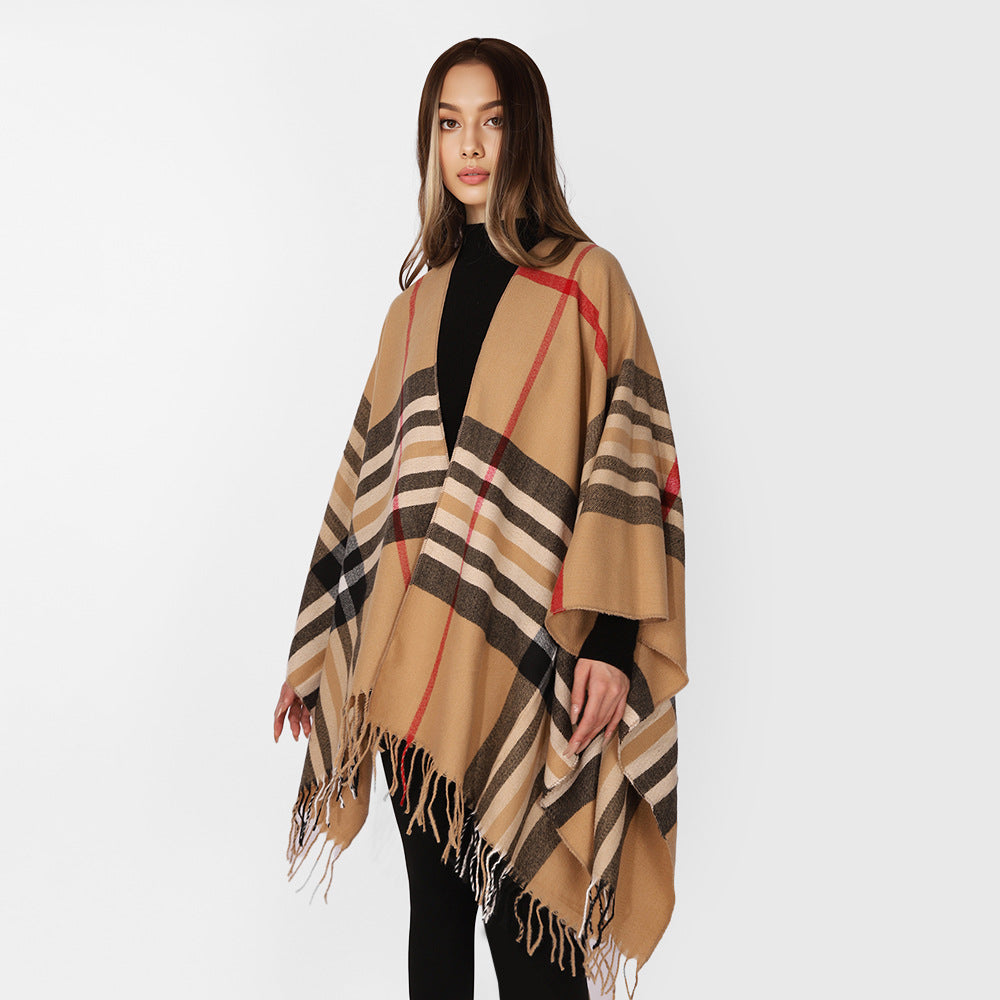 Damen Karierter Wollmix-Poncho mit Fransen und offenem Kimono-Schnitt Drune