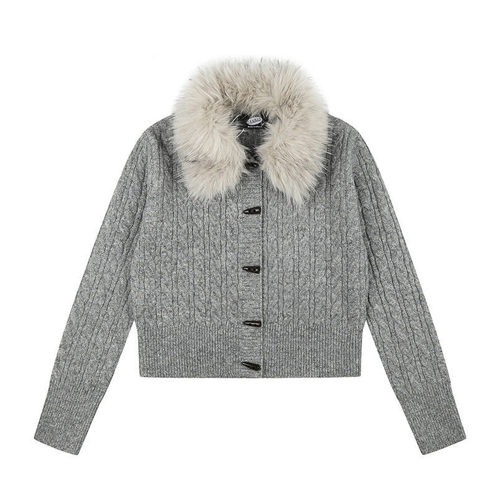 Damen Kurze Zopfmuster-Strickjacke mit abnehmbarem Kunstpelzkragen und Knebelknopfverschluss Drune