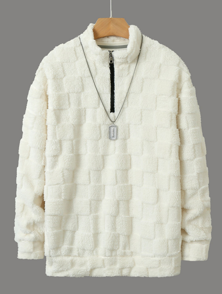 Herren karierter Sherpa-Halbzip-Pullover mit hohem Stehkragen und weicher Teddy-Fleece-Qualität Drune