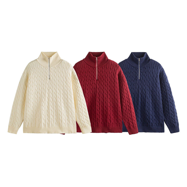 Unisex Grobgestrickter Zopfmuster-Pullover mit Halbzip und hohem Rippkragen Drune