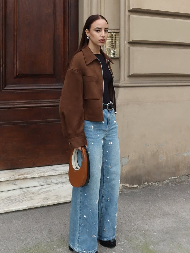 Damen Kurze Veloursleder‑Optik Jacke mit Reißverschluss und Oversize‑Ärmeln Drune