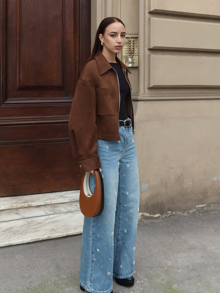 Damen Kurze Veloursleder‑Optik Jacke mit Reißverschluss und Oversize‑Ärmeln Drune