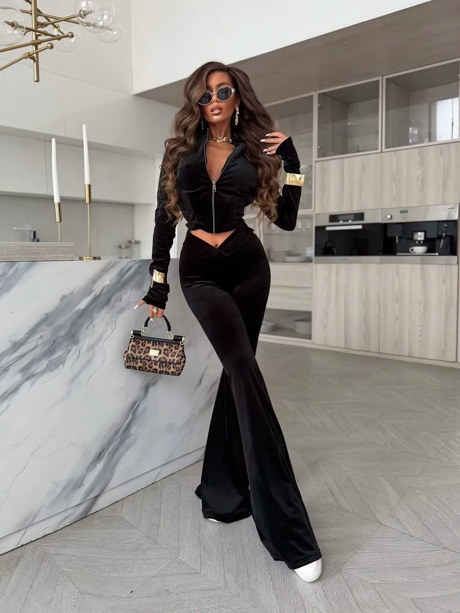 Damen Samt-Cropped-Set mit Reißverschlussjacke und V-förmiger taillenhoher Schlaghose Drune