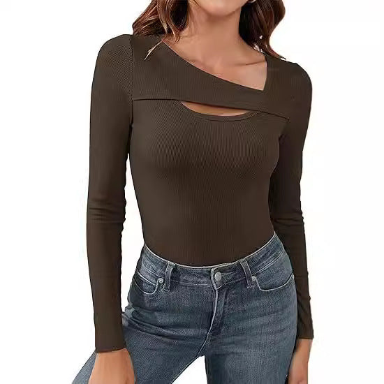 Damen Geripptes Langarmshirt mit asymmetrischem Carmenausschnitt und Brust-Cut-Out Drune