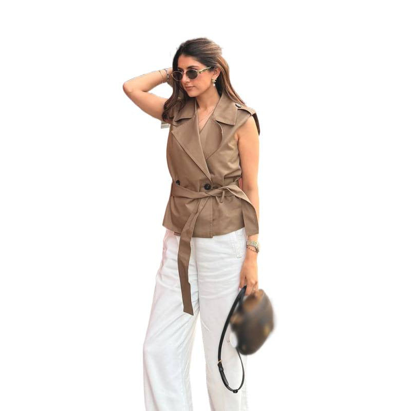 Damen Ärmellose taillierte Trench‑Weste mit Bindegürtel & Schulterpatten Drune