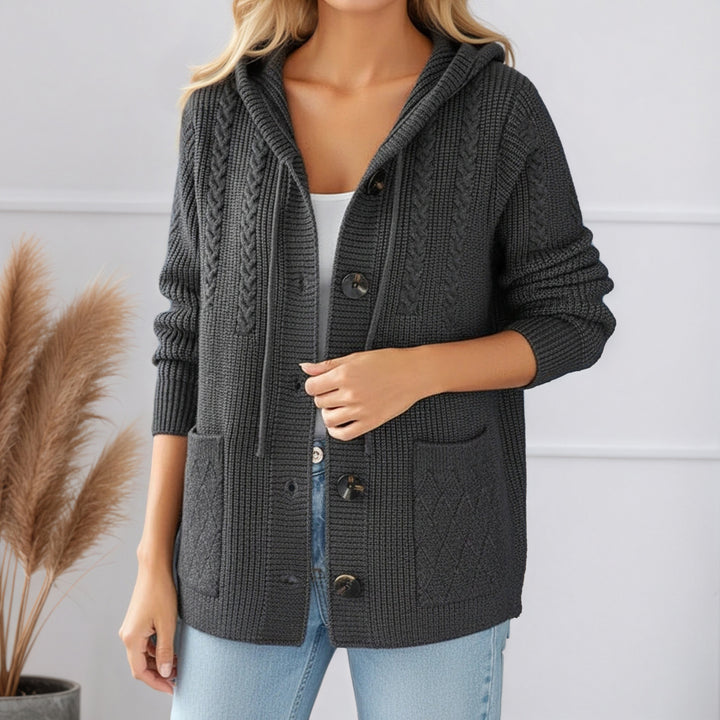 Damen nan gerippter Kapuzen-Strickcardigan mit Zopfmuster, großen Holzknöpfen und aufgesetzten Taschen Drune