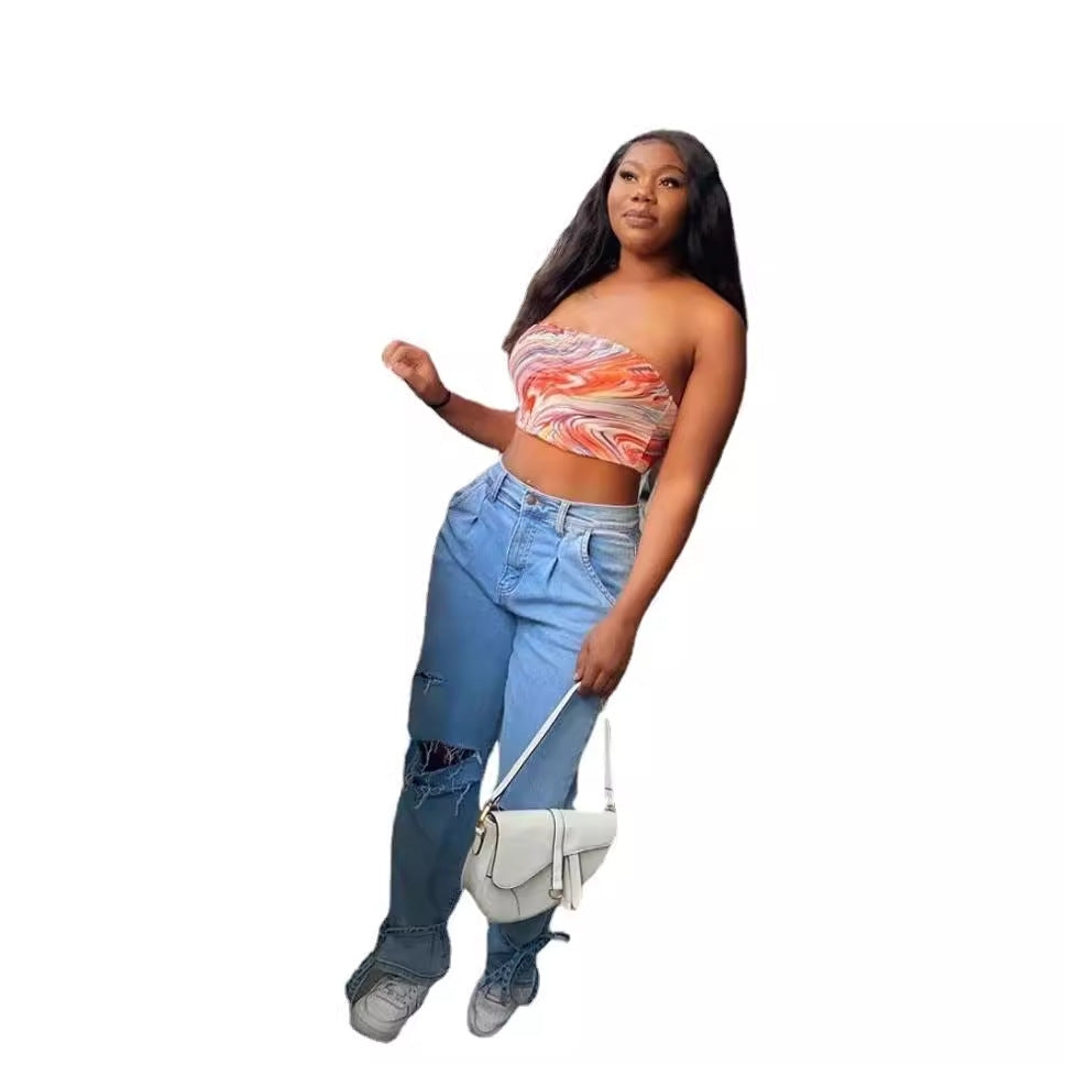 Damen Zerrissene Mom Jeans Drune