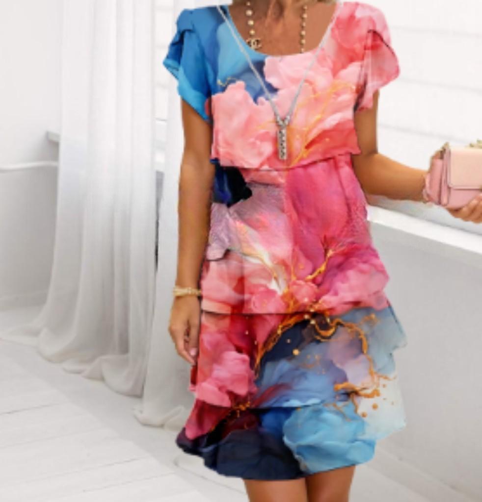 Damen Fließendes Maxi-Kleid mit eleganten Volant-Details und kreativem Grafikmuster Drune