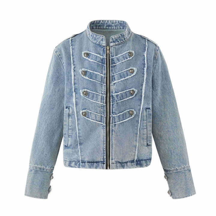 Damen Denim‑Blouson im Military‑Look mit Stehkragen und Zierknopfleiste Drune