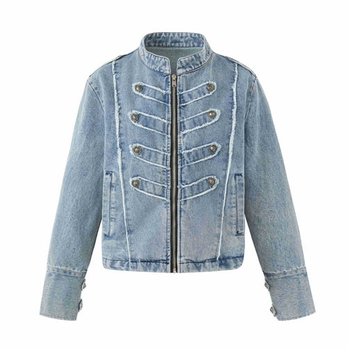 Damen Denim‑Blouson im Military‑Look mit Stehkragen und Zierknopfleiste Drune