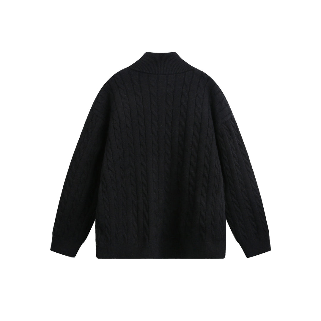Unisex Grobstrick-Pullover mit Zopfmuster, hohem Stehkragen und Zwei-Wege-Reißverschluss Drune