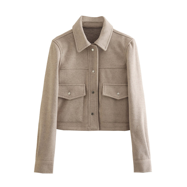 Damen Kurz geschnittene Wolloptik-Jacke mit Pattentaschen und Druckknöpfen Drune