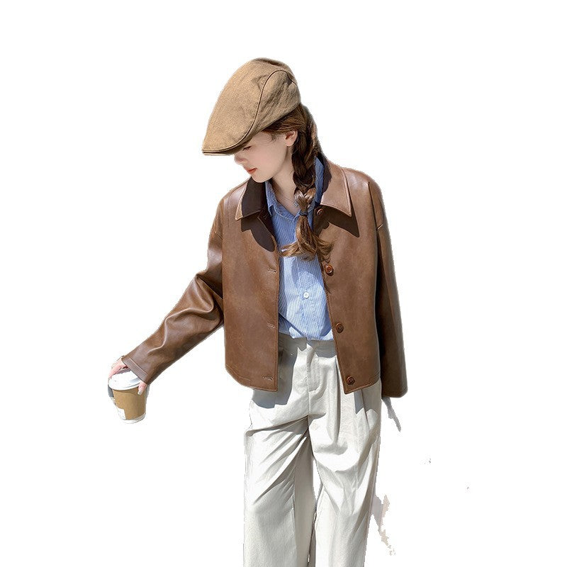Damen Kurze Boxy-Lederjacke mit Hemdkragen Drune