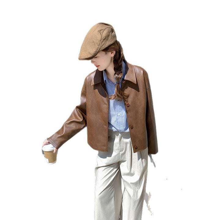 Damen Kurze Boxy-Lederjacke mit Hemdkragen Drune