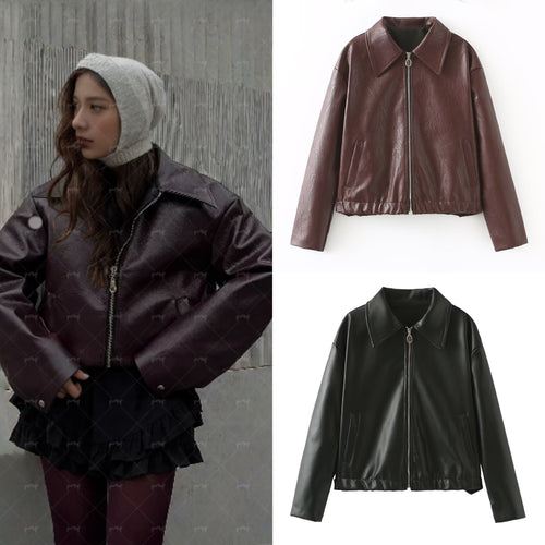 Damen Kurze Oversized-Lederoptik-Jacke mit Reißverschluss, Hembund und Kentkragen Drune