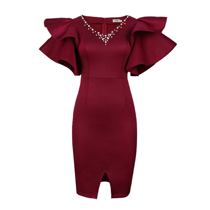 Damen figurbetontes Midi-Kleid mit voluminösen Rüschensäumen und Glitzerakzenten Drune