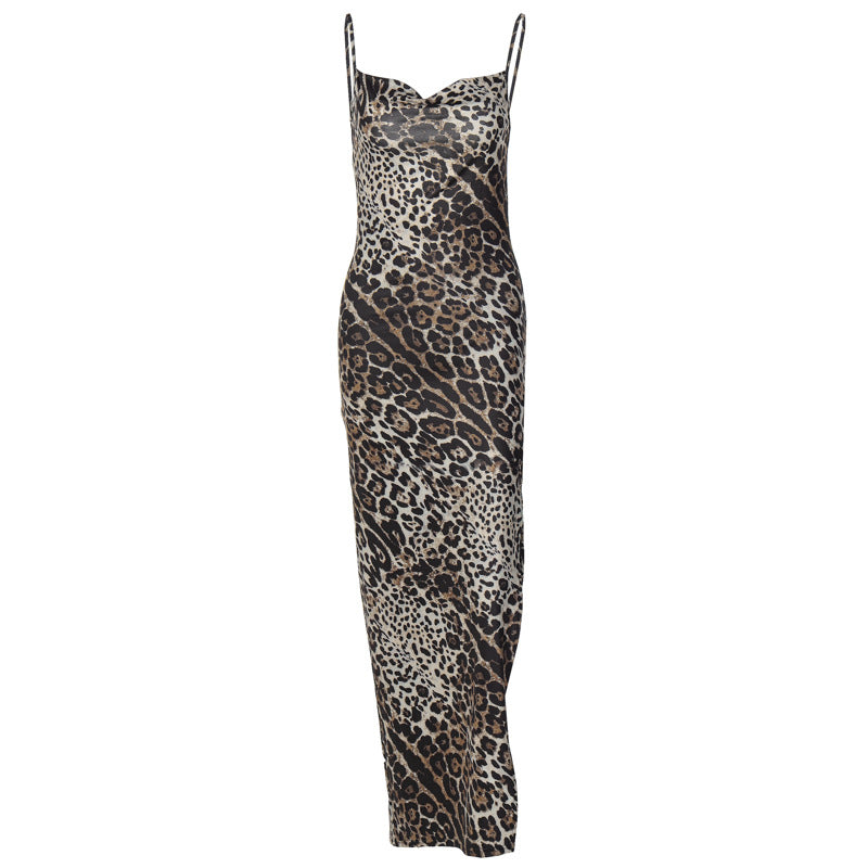 Damen Elegantes Maxikleid mit Leopardenmuster und sexy Schlitz Drune