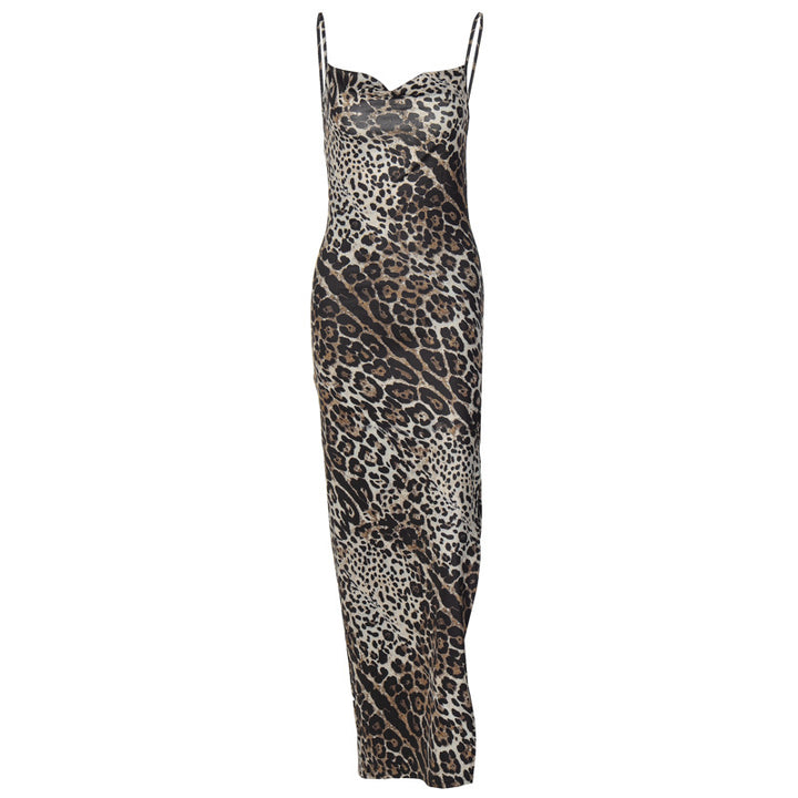 Damen Elegantes Maxikleid mit Leopardenmuster und sexy Schlitz Drune