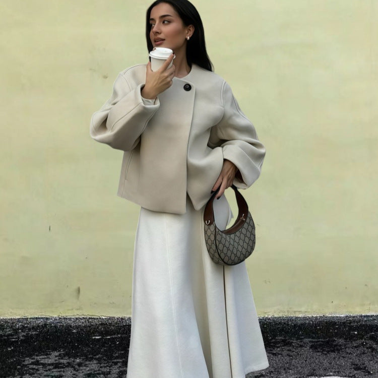 Damen Wickeljacke mit weiten Ärmeln und dekorativem Knopf Drune