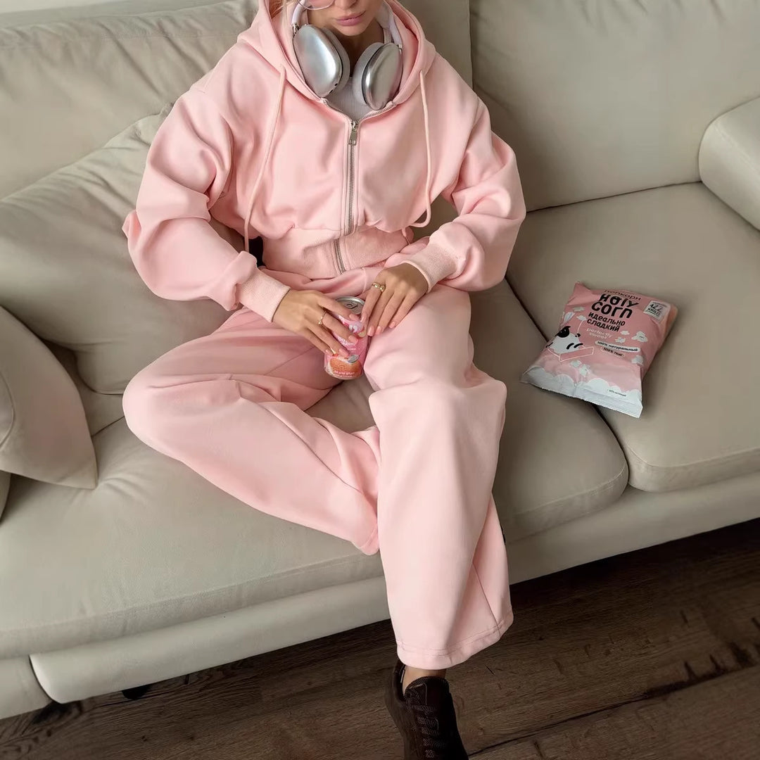 Damen gekürztes Reißverschluss-Hoodie mit Kapuze und hochgeschnittene Relax-Jogginghose mit elastischem Bund Drune