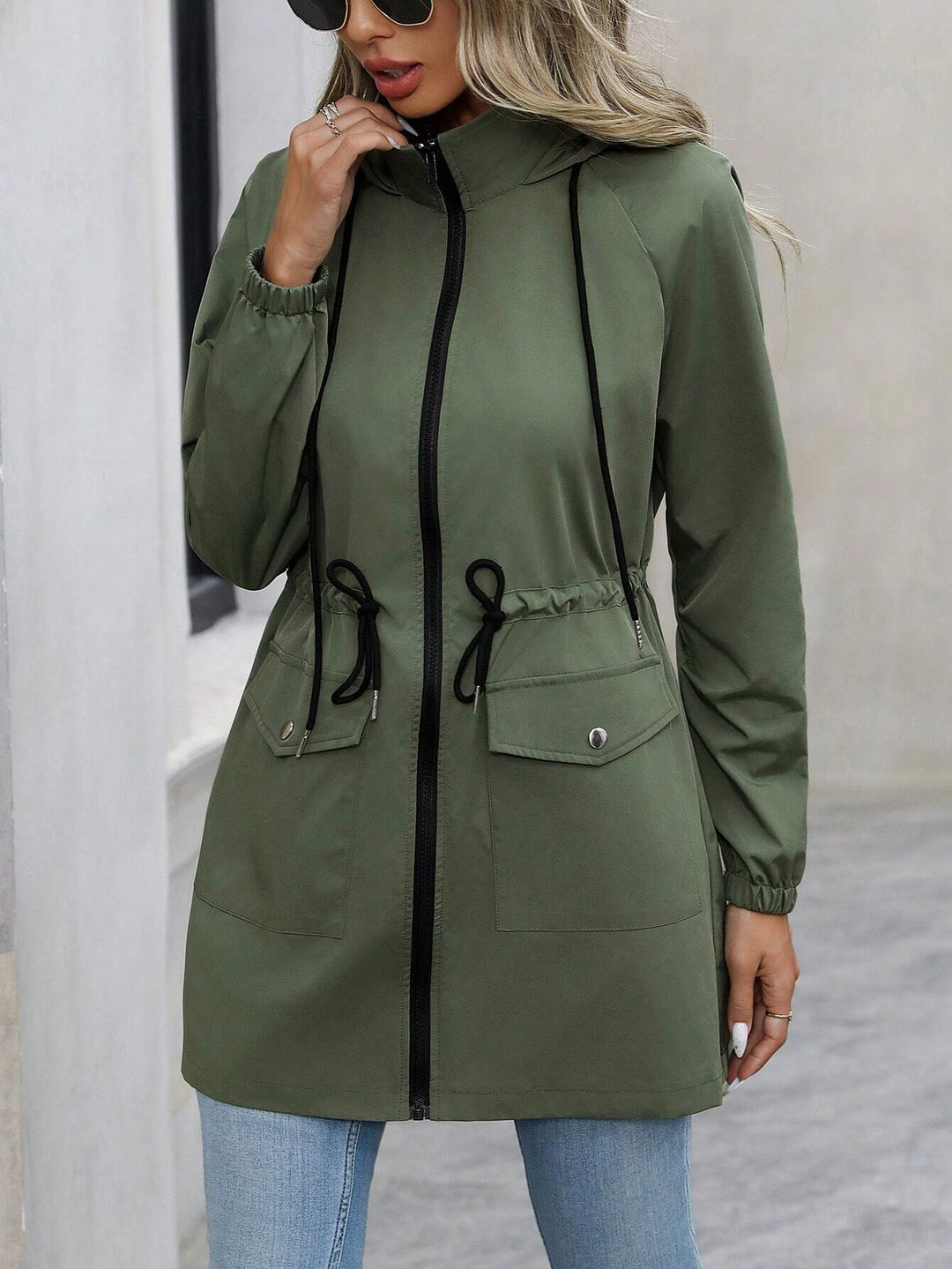 Damen praktische Kapuzenjacke mit verstellbarem Bund und Taschen Drune