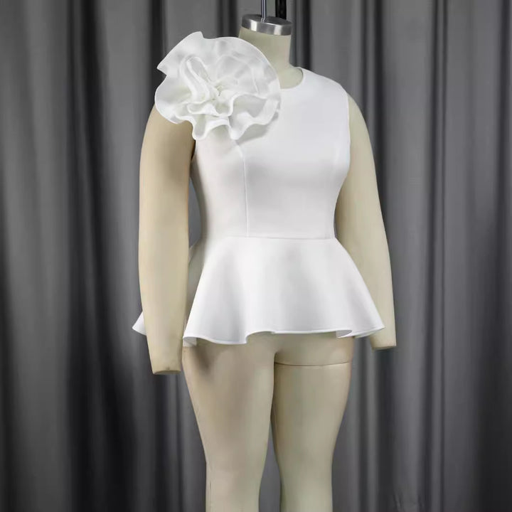Damen elegantes Oberteil mit femininem Rüschensaum und auffälligem Blumenapplikation Drune