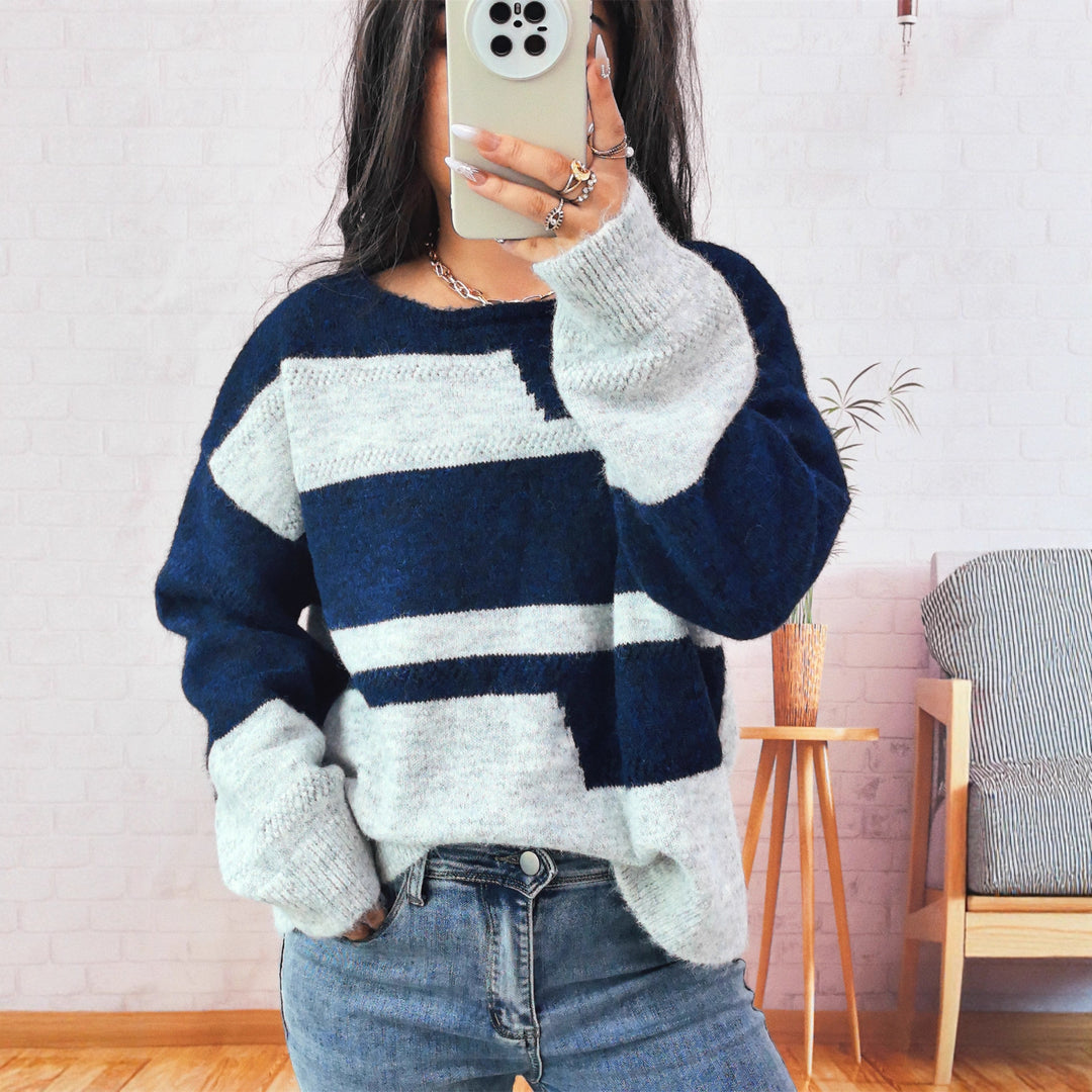 Damen Grobstrickpullover mit modischem Streifenmuster und weitem Schnitt Drune