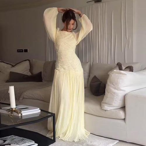 Damen 200+ langes Maxikleid mit Rüschenfront, Chiffon‑Lagen und Plissiertem Rock Drune