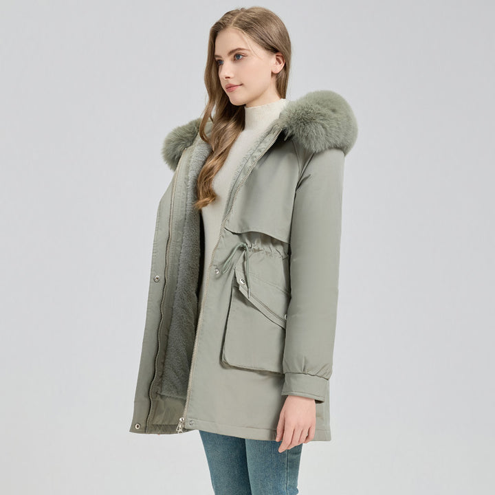Damen Midilanger Thermoparka mit Teddy-Innenfutter, abnehmbarem Kunstpelzkragen und Taillenregulierung Drune