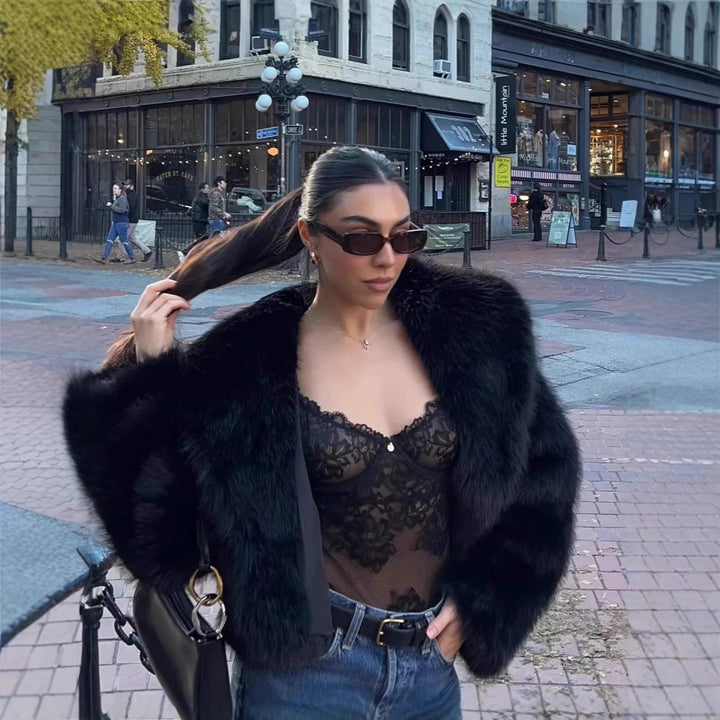 Damen Kurze Cropped Kunstpelzjacke mit voluminösem Schalkragen Drune