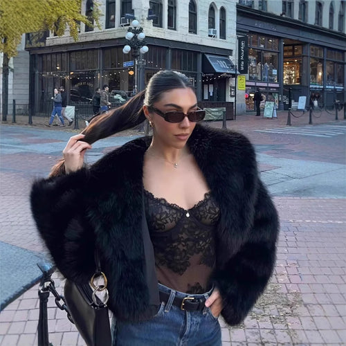 Damen Kurze Cropped Kunstpelzjacke mit voluminösem Schalkragen Drune