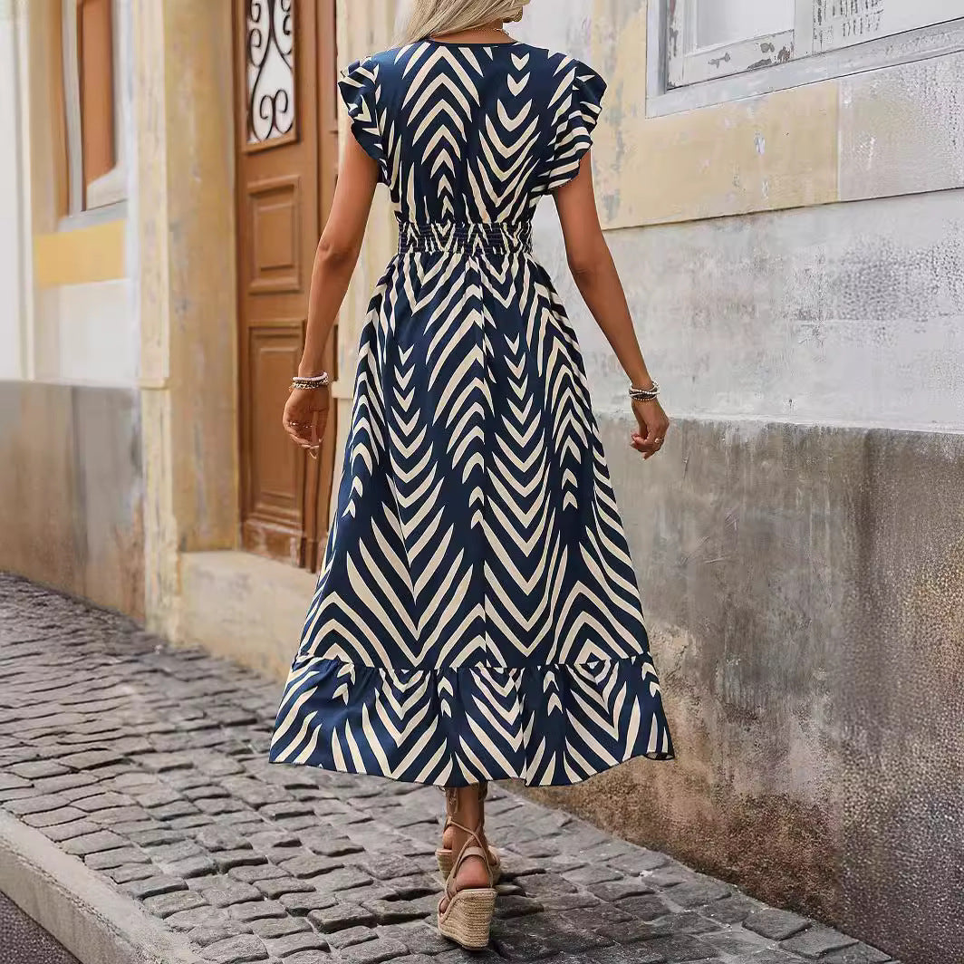 Damen Maxikleid mit V-Ausschnitt und Rüschendetails Drune