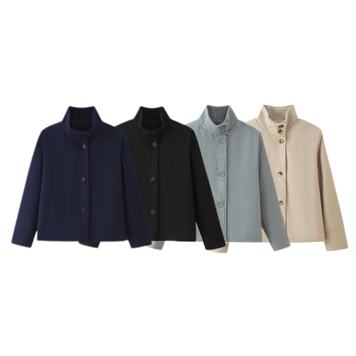 Damen 60+ Boxy‑Kurzjacke mit hohem Stehkragen und verdeckter Knopfleiste Drune