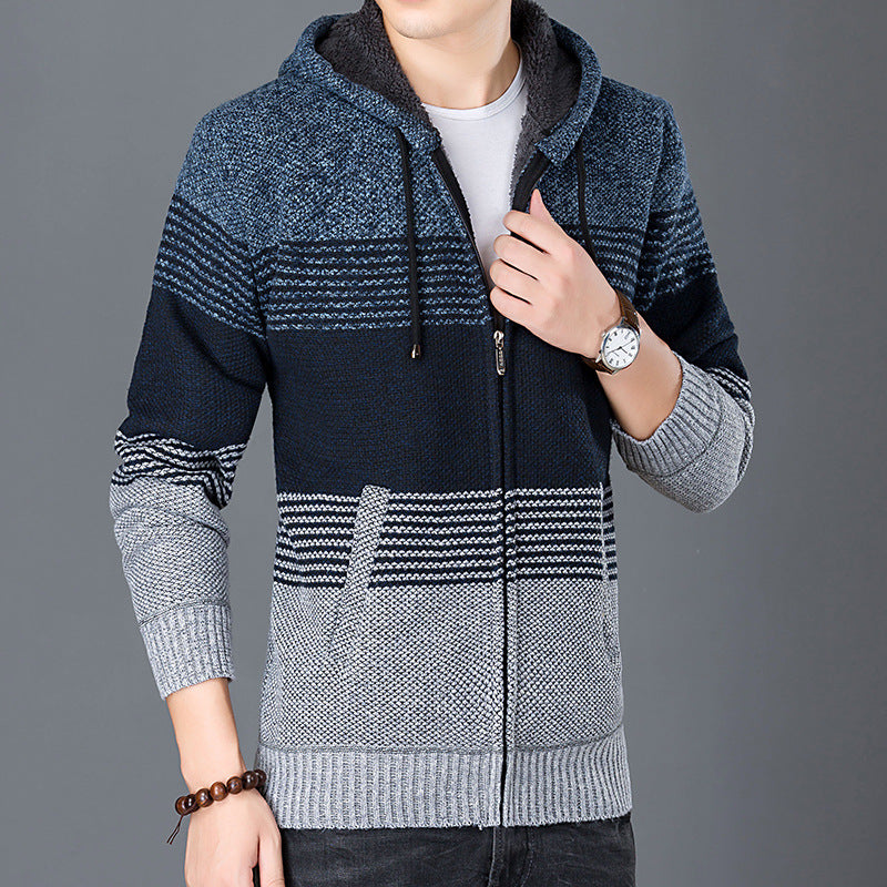 Herren Strickjacke mit Kapuze und modernen Blockstreifen Drune