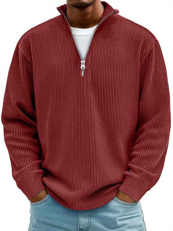 Herren nan gerippter Strickpullover mit halbem Reißverschluss und Stehkragen Drune