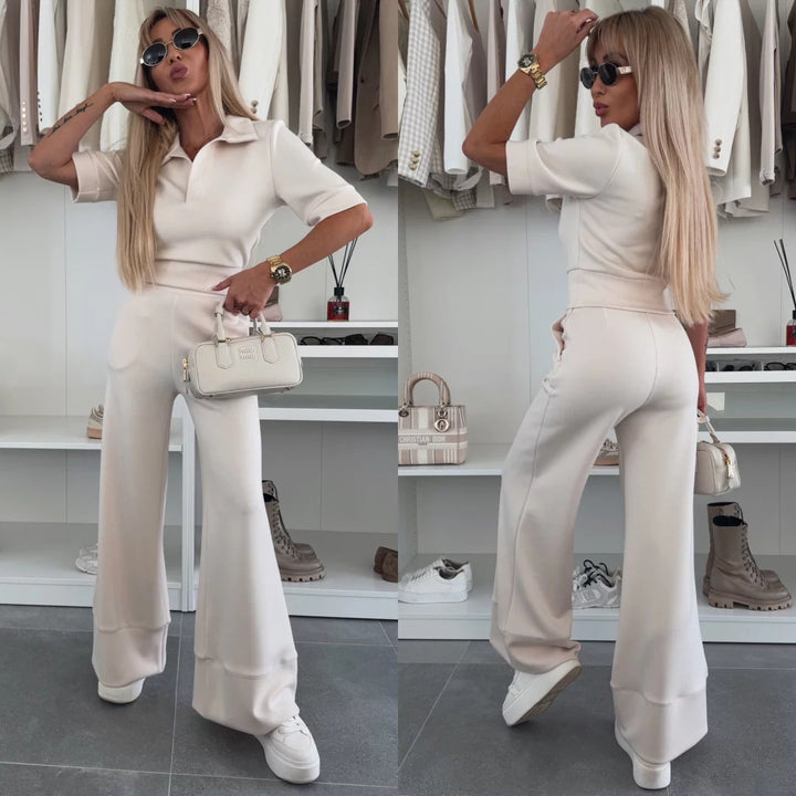 Damen figurnahes Cropped-Poloshirt und hochgeschnittene Wide‑Leg Hose Zweiteiler aus weichem Scuba-Jersey Drune