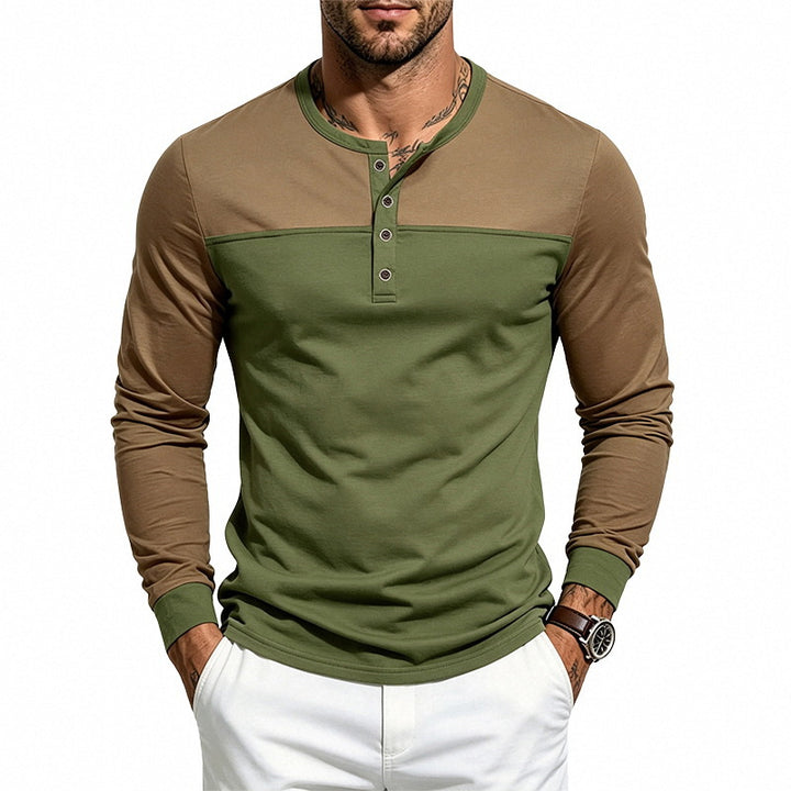 Herren Slim-Fit Henley-Langarmshirt mit Kontrastpaneel und Metallknopfleiste Drune