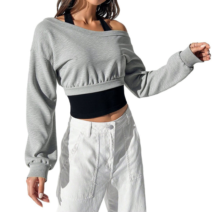 Damen cropped Sweatshirt mit weitem Carmen‑Ausschnitt, ballonärmeln und gerafftem Bund Drune