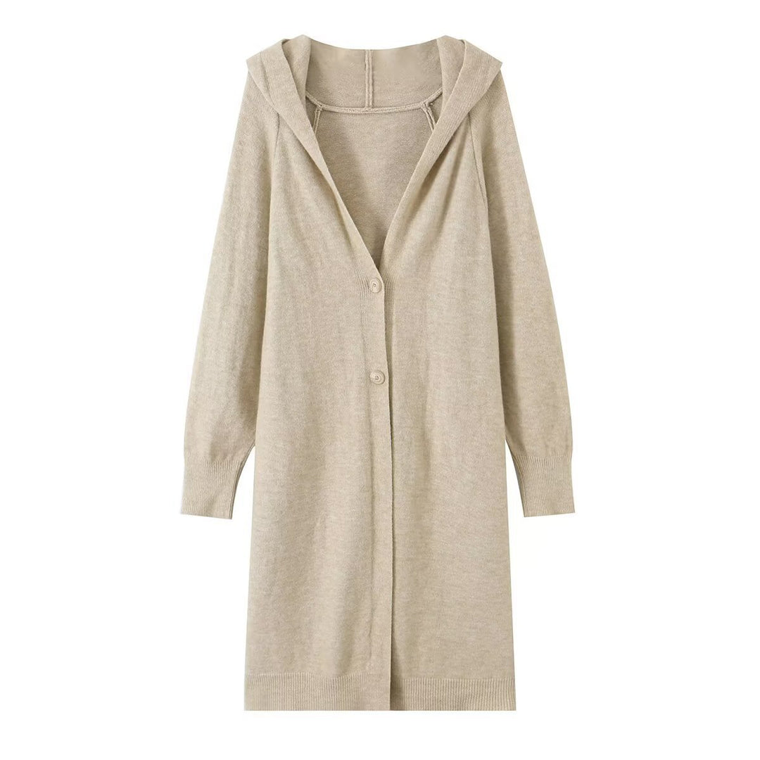 Damen Longline Strickcardigan mit Kapuze, Feinstrick und Knopfverschluss Drune