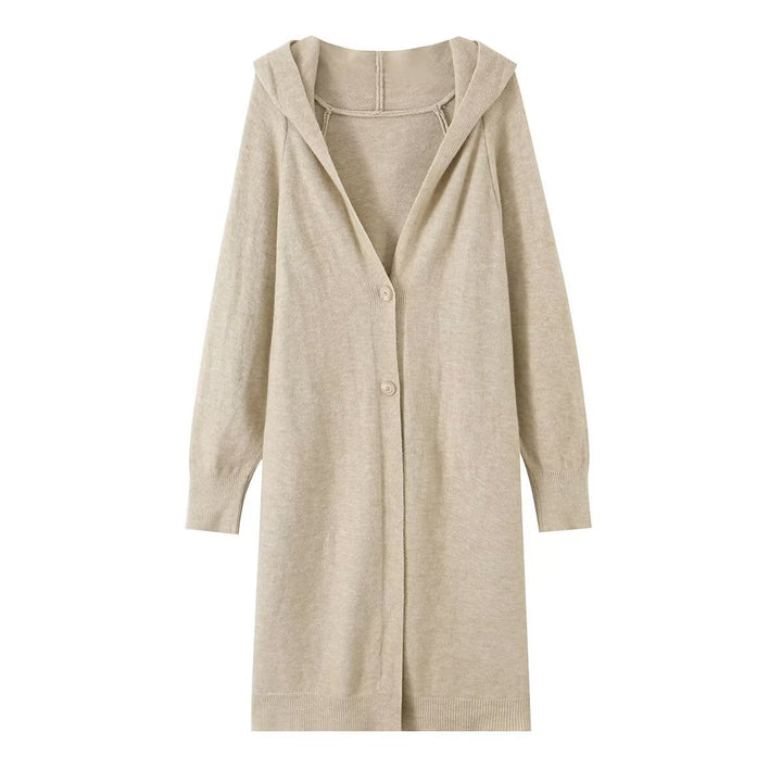 Damen Longline Strickcardigan mit Kapuze, Feinstrick und Knopfverschluss Drune