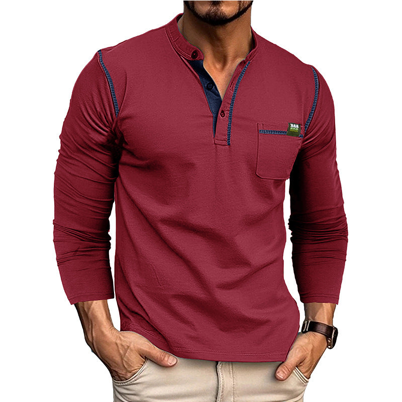 Herren Langarm-T-Shirt mit modernem Kragen und Brusttasche Drune