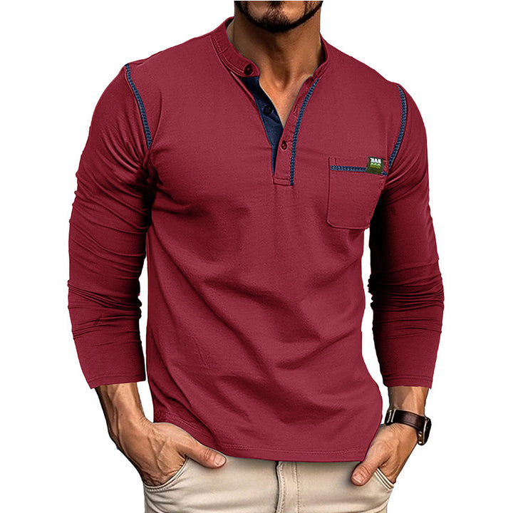 Herren Langarm-T-Shirt mit modernem Kragen und Brusttasche Drune