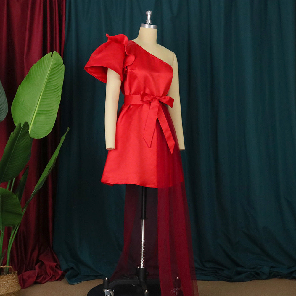 Damen asymmetrisches Cocktailkleid mit Volant und Taillenschnürung Drune