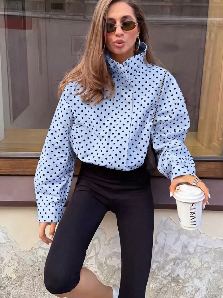 Damen Polka‑Dot Stehkragen‑Bluse mit oversized Ballonärmeln Drune