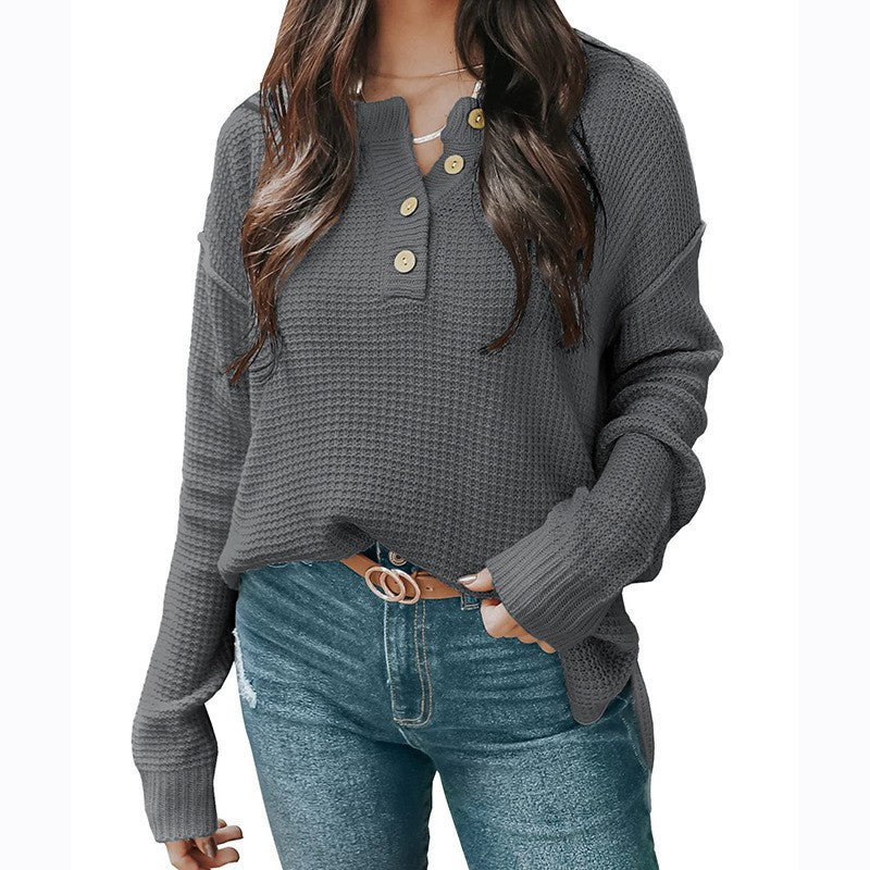Damen nan lockerer Waffelstruktur Henley Pullover mit Knopfleiste und überschnittener Schulter Drune