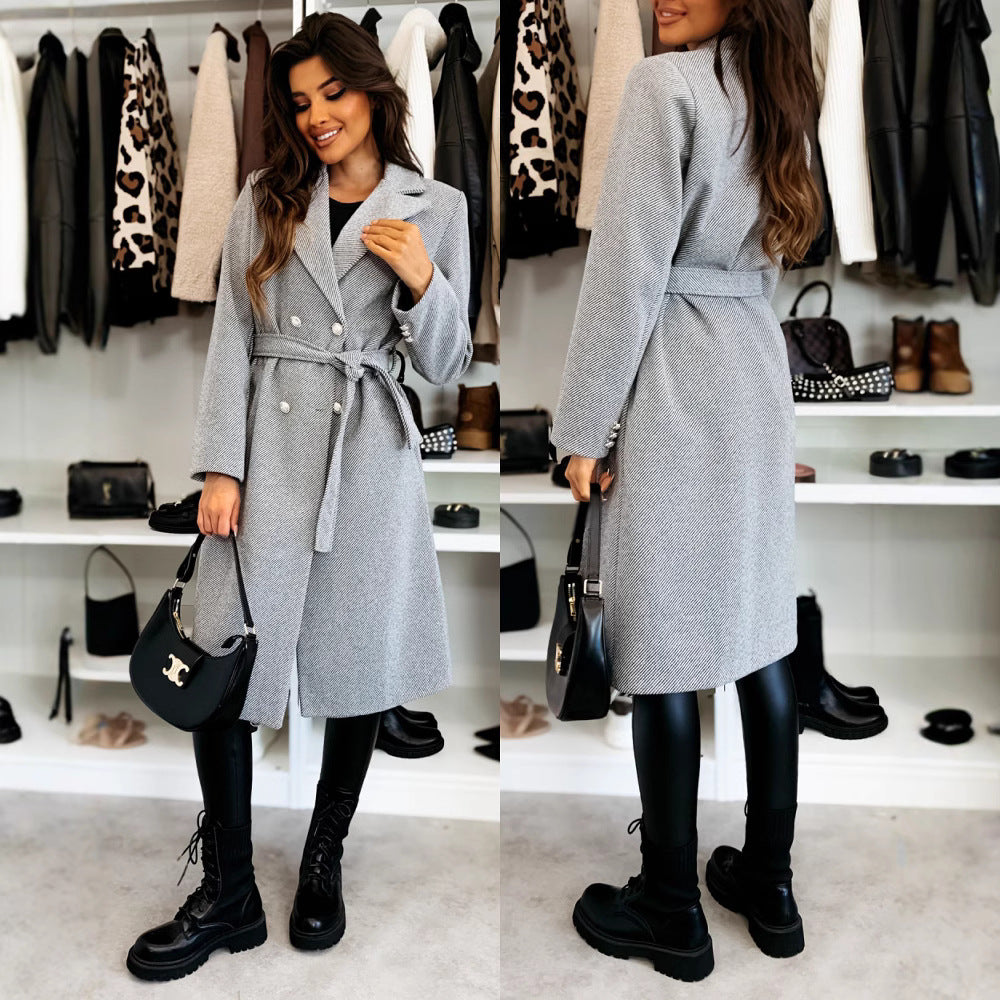 Damen eleganter Knielanger Trenchcoat mit Gürtel und doppelter Knopfleiste Drune