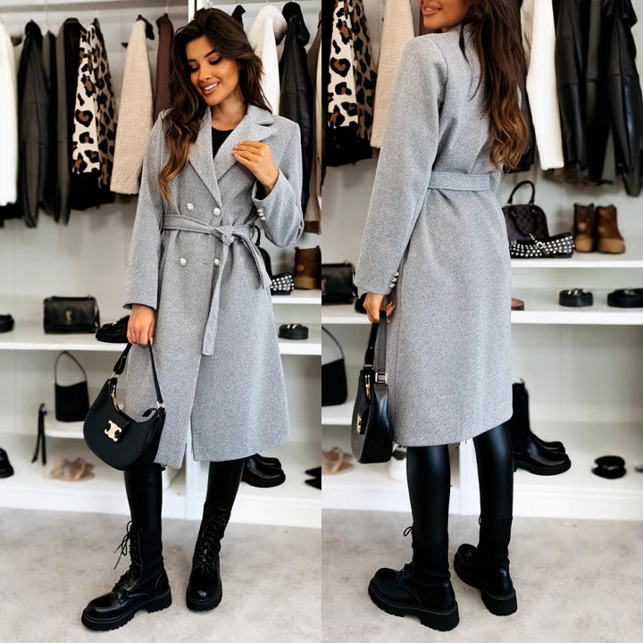 Damen eleganter Knielanger Trenchcoat mit Gürtel und doppelter Knopfleiste Drune